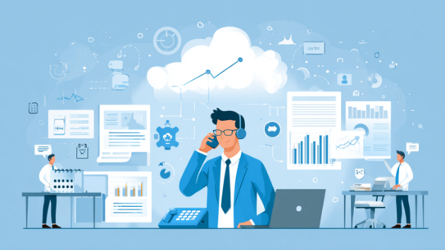 Современная офисная телефония: сотрудник работает с гарнитурой и ноутбуком