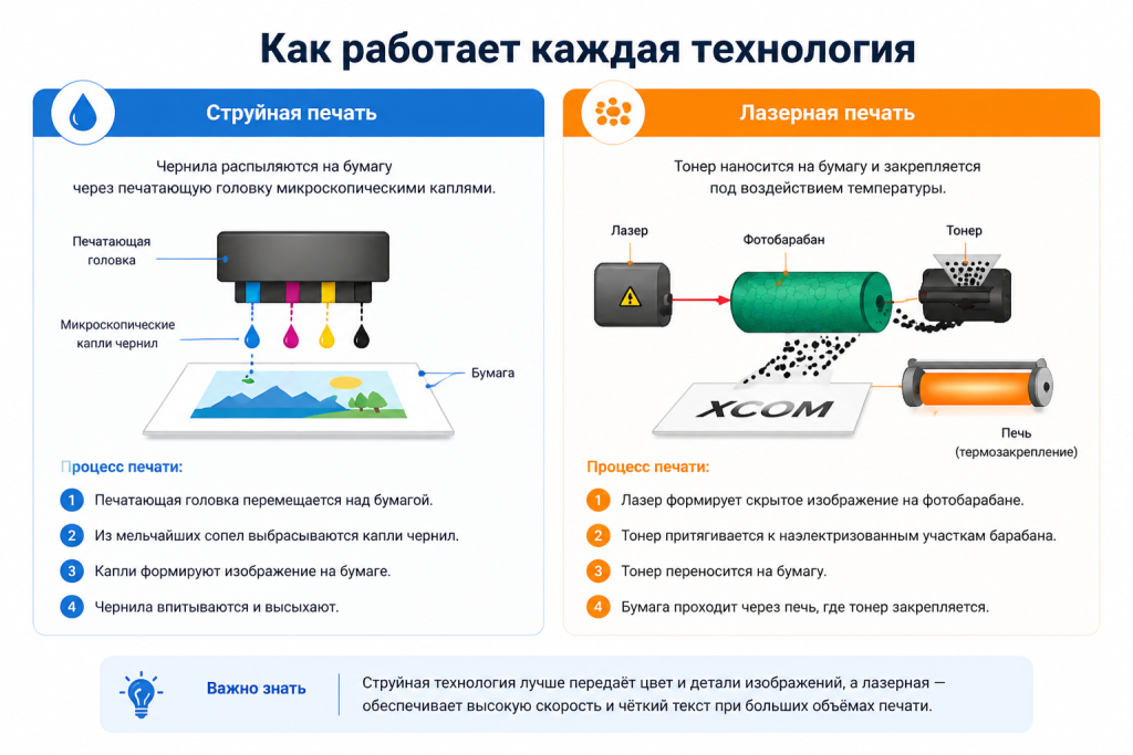 Схема работы лазерной печати с фотобарабаном и тонером и струйной печати с печатающей головкой
