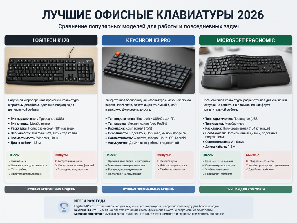Лучшие офисные клавиатуры 2026 Logitech K120 Keychron K3 Pro Microsoft Ergonomic