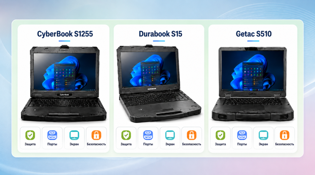 Сравнение защищённых ноутбуков CyberBook S1255, Durabook S15 и Getac S510