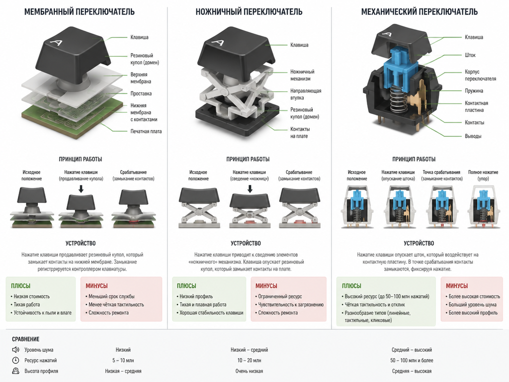Устройство мембранного, ножничного и механического переключателя клавиатуры