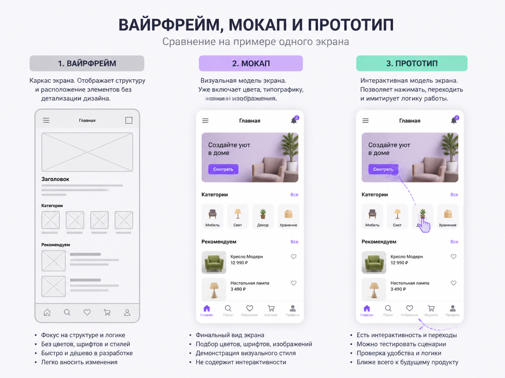 Сравнение вайрфрейма, мокапа и прототипа на примере одного экрана