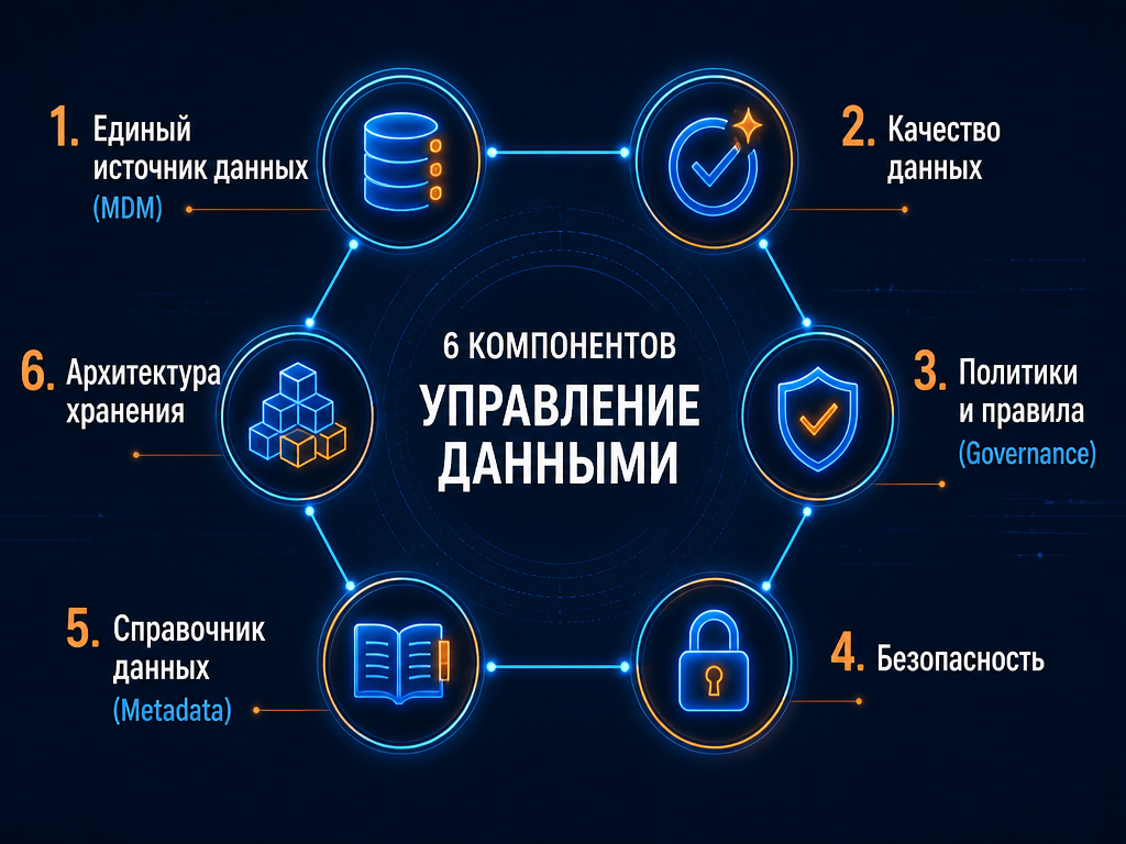 Шесть компонентов Data Management: MDM, Quality, Governance, Security, Metadata, Architecture