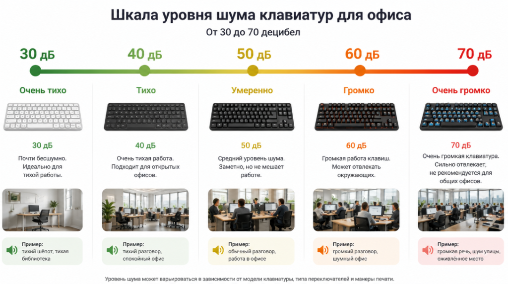 Шкала уровня шума клавиатур для офиса: от 30 до 70 децибел