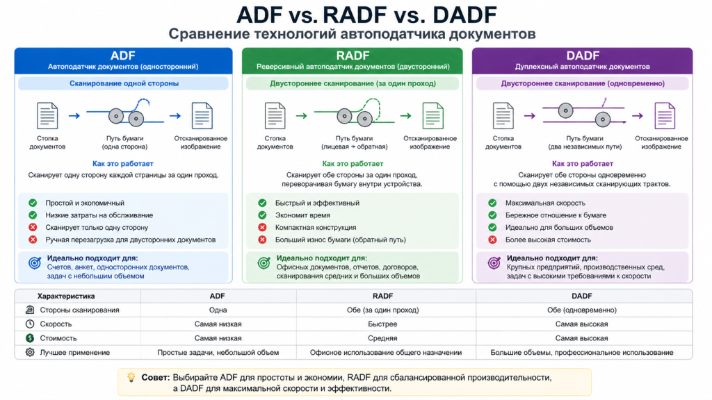 Сравнение ADF, RADF и DADF в МФУ