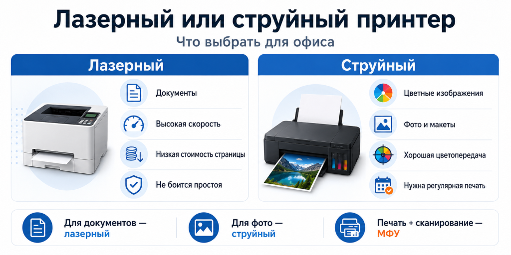 Выбор между лазерным и струйным принтером для офиса