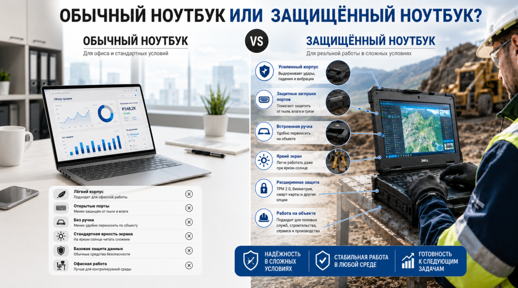 Защищённый ноутбук и обычный ноутбук: отличие корпуса, портов, экрана и защиты данных
