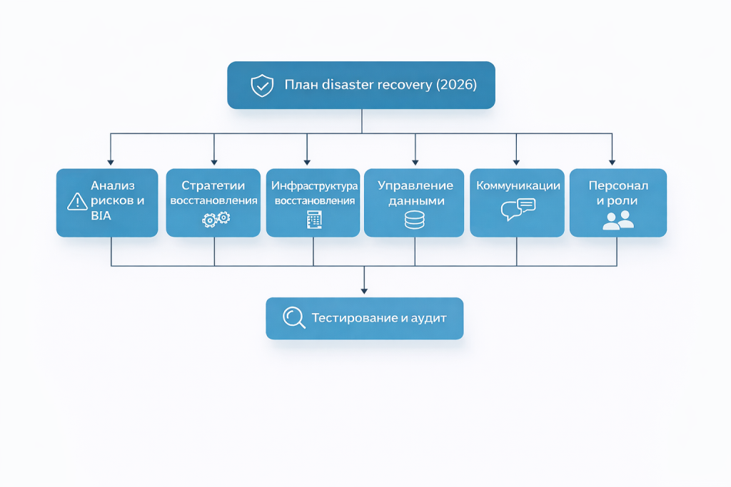 Схема шагов по созданию DR-плана: аудит IT-инфраструктуры, оценка рисков, выбор технологий, разработка процедур, документирование, обучение, тестирование