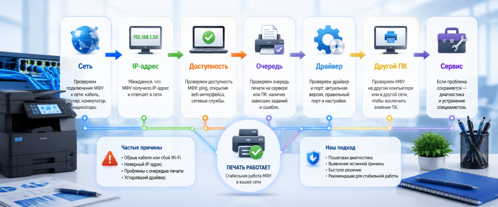 Сеть → IP → доступность → очередь → драйвер → другой ПК → сервис