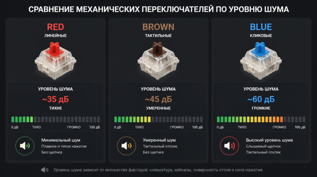 Сравнение механических переключателей: Red, Brown, Blue по уровню шума