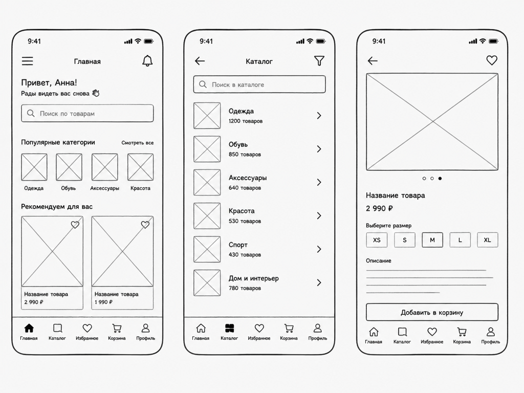Balsamiq: создание low-fidelity вайрфреймов в стиле sketch. Пример wireframe мобильного приложения