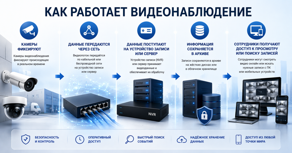 Схема логики видеонаблюдения: камеры, сеть, хранение и доступ к архиву