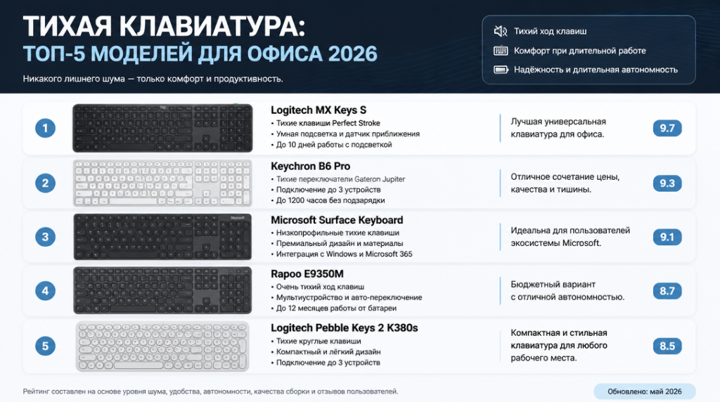 Тихая клавиатура: топ-5 моделей для офиса 2026 — Logitech MX Keys, A4Tech KV-300H