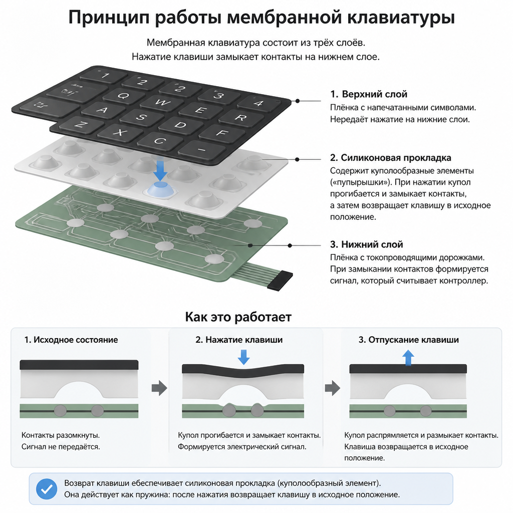 Мембранная клавиатура для офиса: схема работы в разрезе