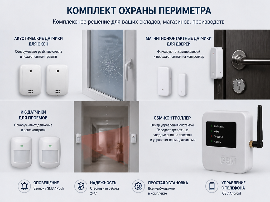 Комплект охраны периметра: акустические датчики для окон, герконы для дверей, ИК-датчики для проемов, GSM-контроллер