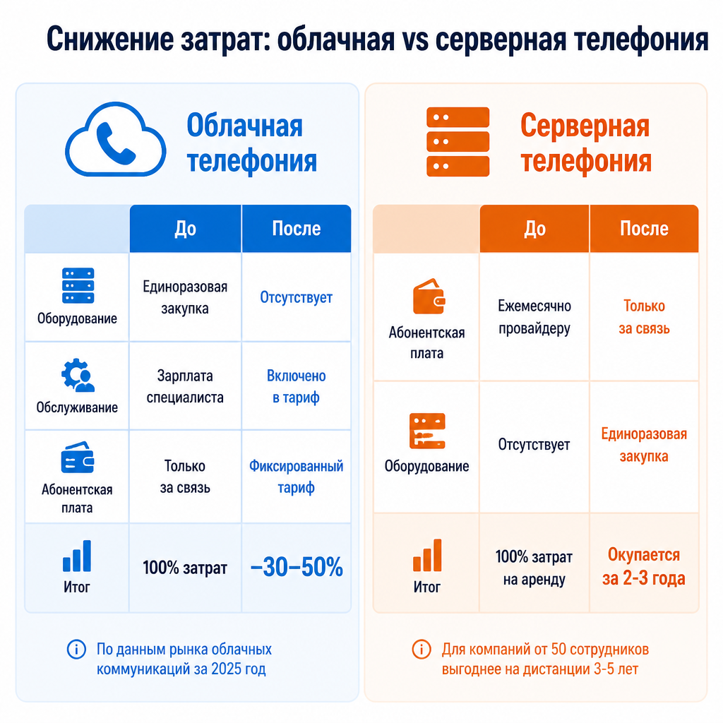Сравнение затрат на облачную и серверную телефонию: таблица расходов до и после перехода, итоговая экономия.