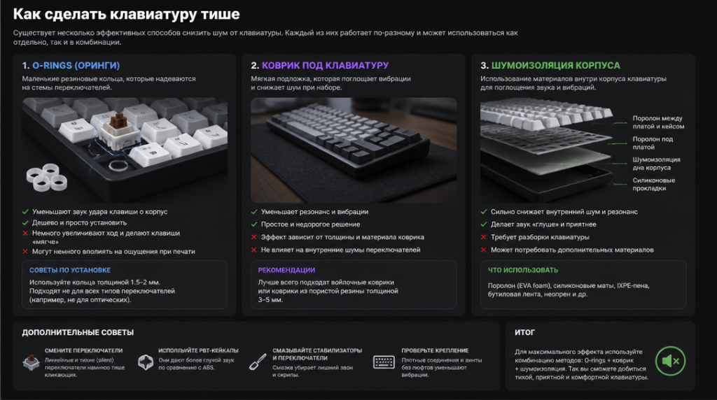 Как сделать клавиатуру тише: O-rings, коврик, шумоизоляция