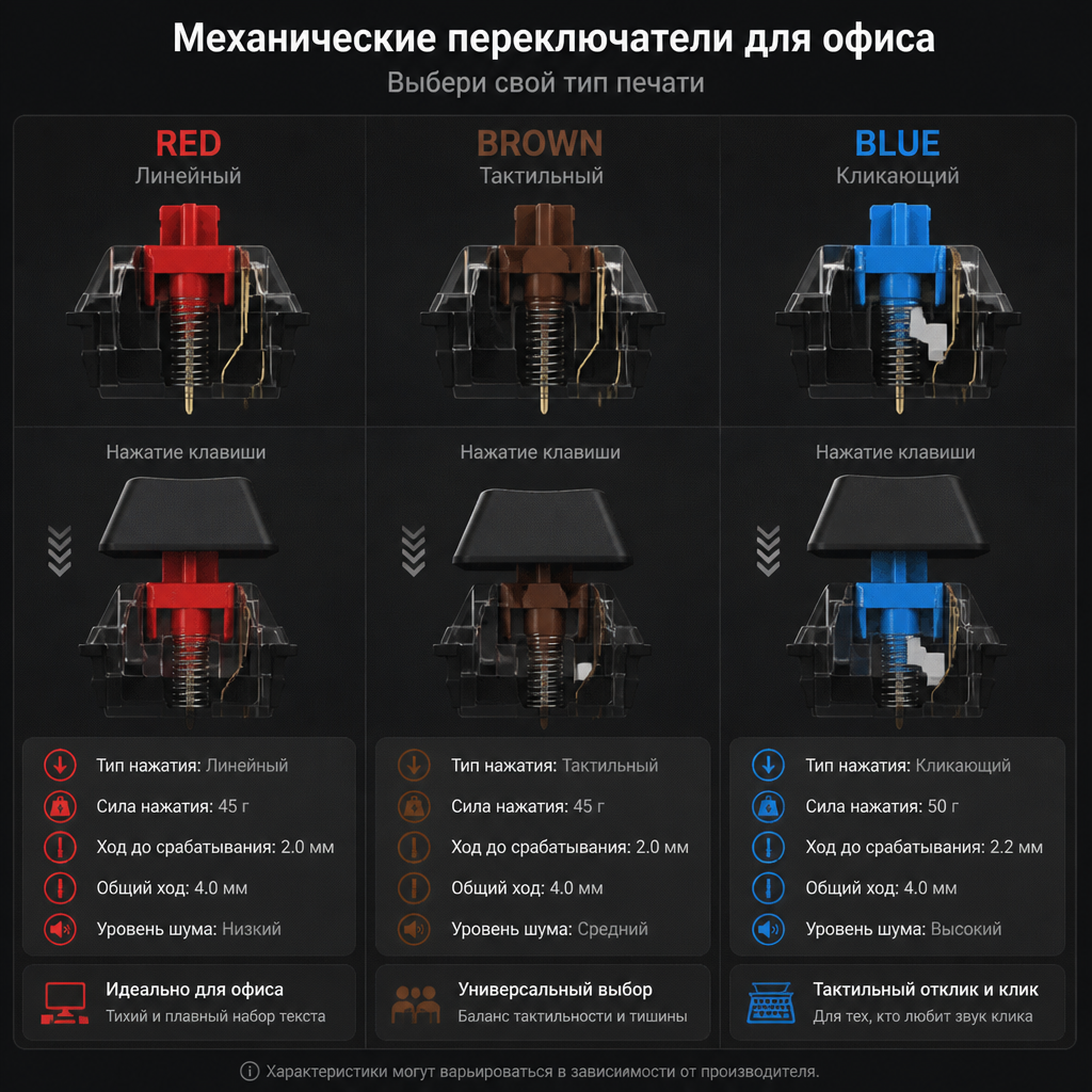 Анимация работы свитчей Red, Brown, Blue для механической клавиатуры