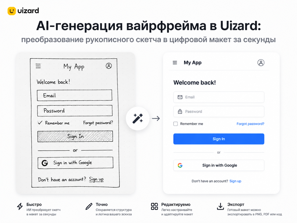 AI-генерация вайрфрейма в Uizard: преобразование рукописного скетча в цифровой макет за секунды