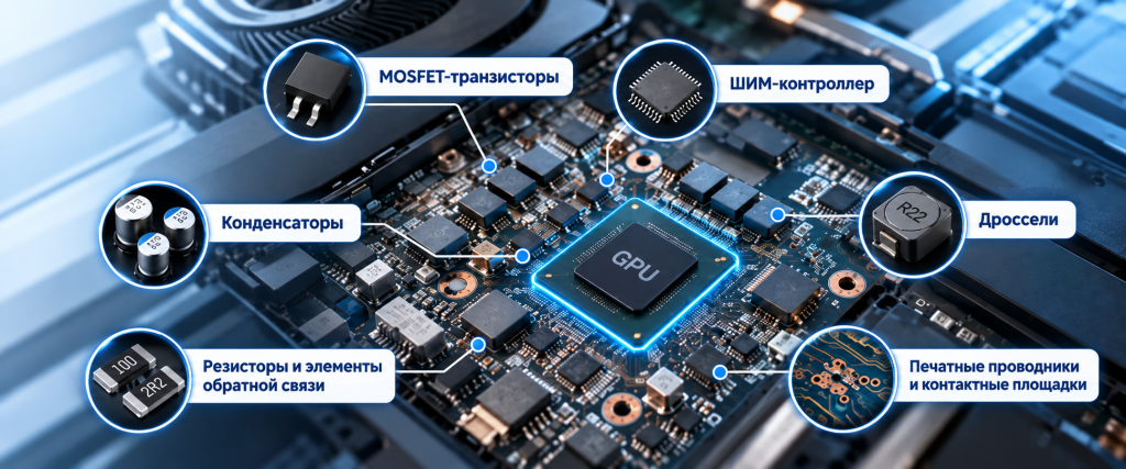Элементы цепи питания видеочипа ноутбука