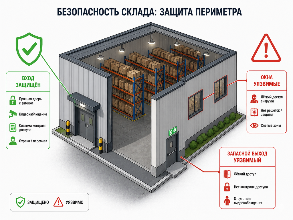Схема коммерческого объекта: входная дверь под охраной, окна и запасной выход без контроля — слепые зоны периметра