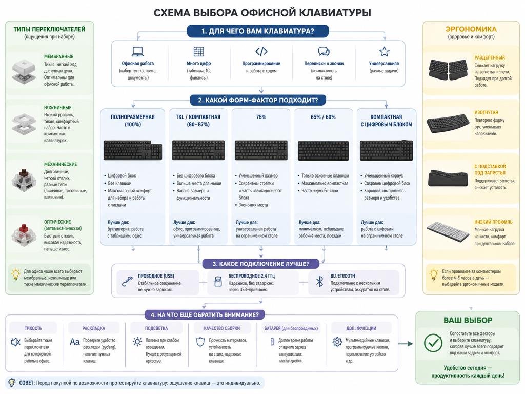 Дополнительные опции офисной клавиатуры: USB-порт, влагозащита, подсветка