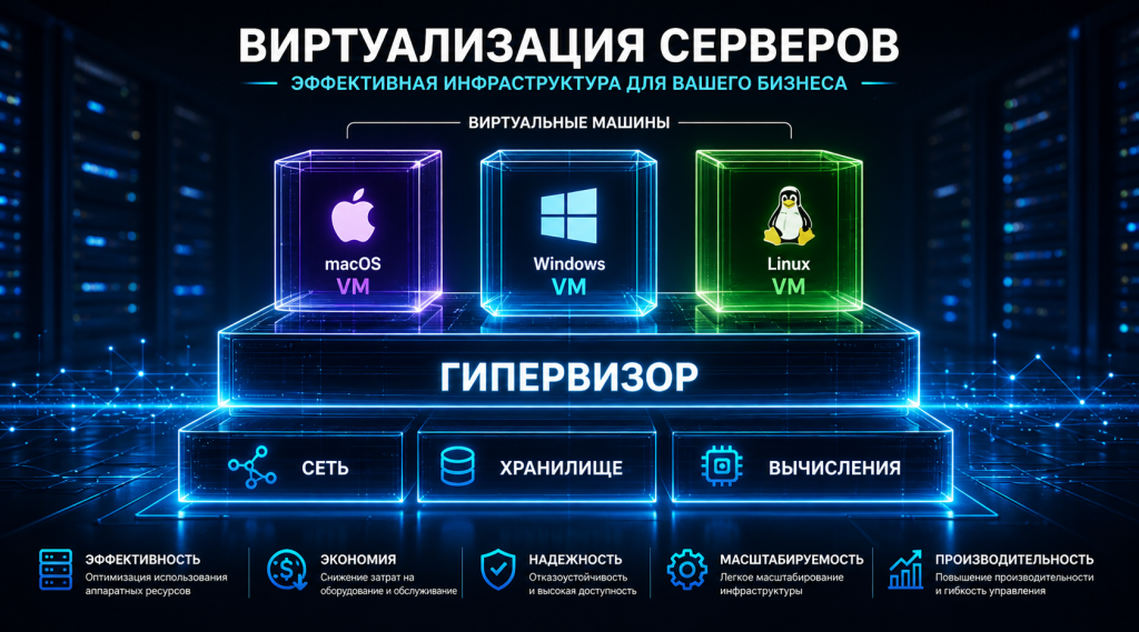 Схема работы гипервизора и виртуальных машин на физическом сервере