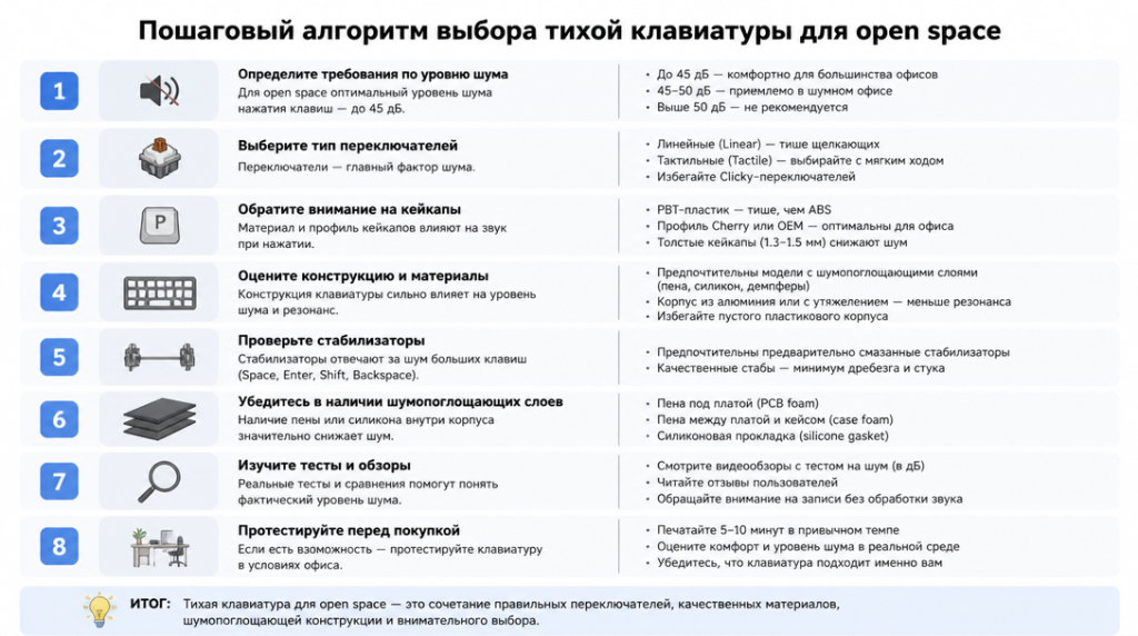 Пошаговый алгоритм выбора тихой клавиатуры для open space