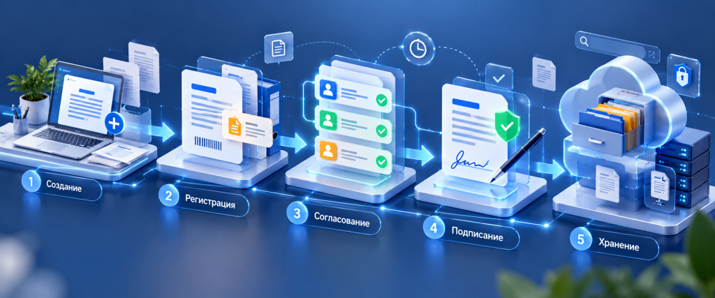 Схема работы СЭД: создание, регистрация, согласование, подписание и хранение документов