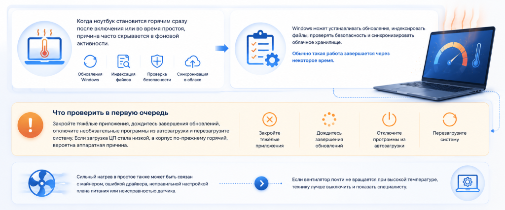 Почему ноутбук греется даже без нагрузки